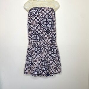 Three Eighty Two Romper Womens Medium Blue White Geometric Strapless NWT